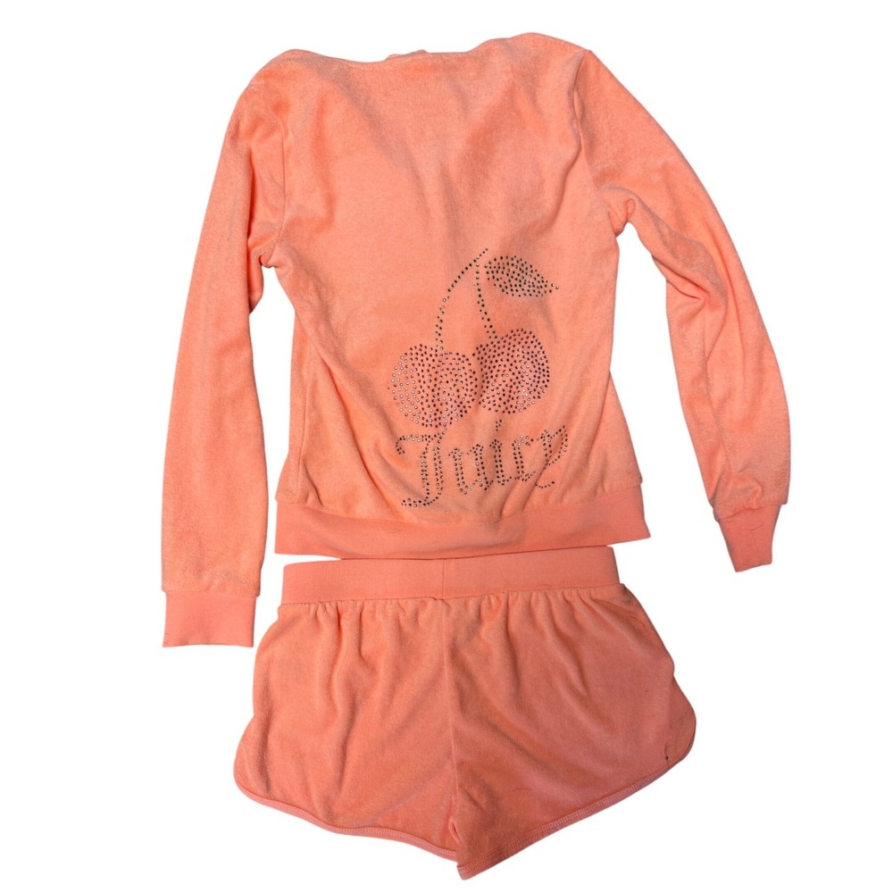 Juicy Couture Girls Peach Velour Hoodie and Shorts Set Rhinestone Cherry 8/10